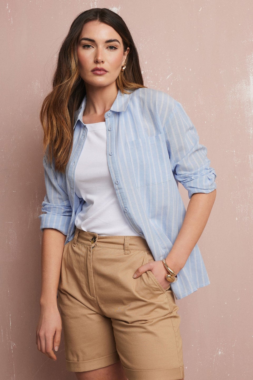 Long Tall Sally Blue Linen Striped Long Sleeve Shirt