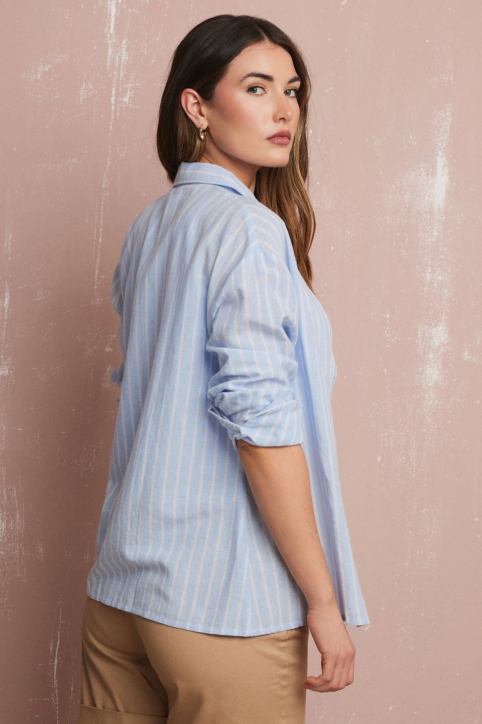 Long Tall Sally Blue Linen Striped Long Sleeve Shirt