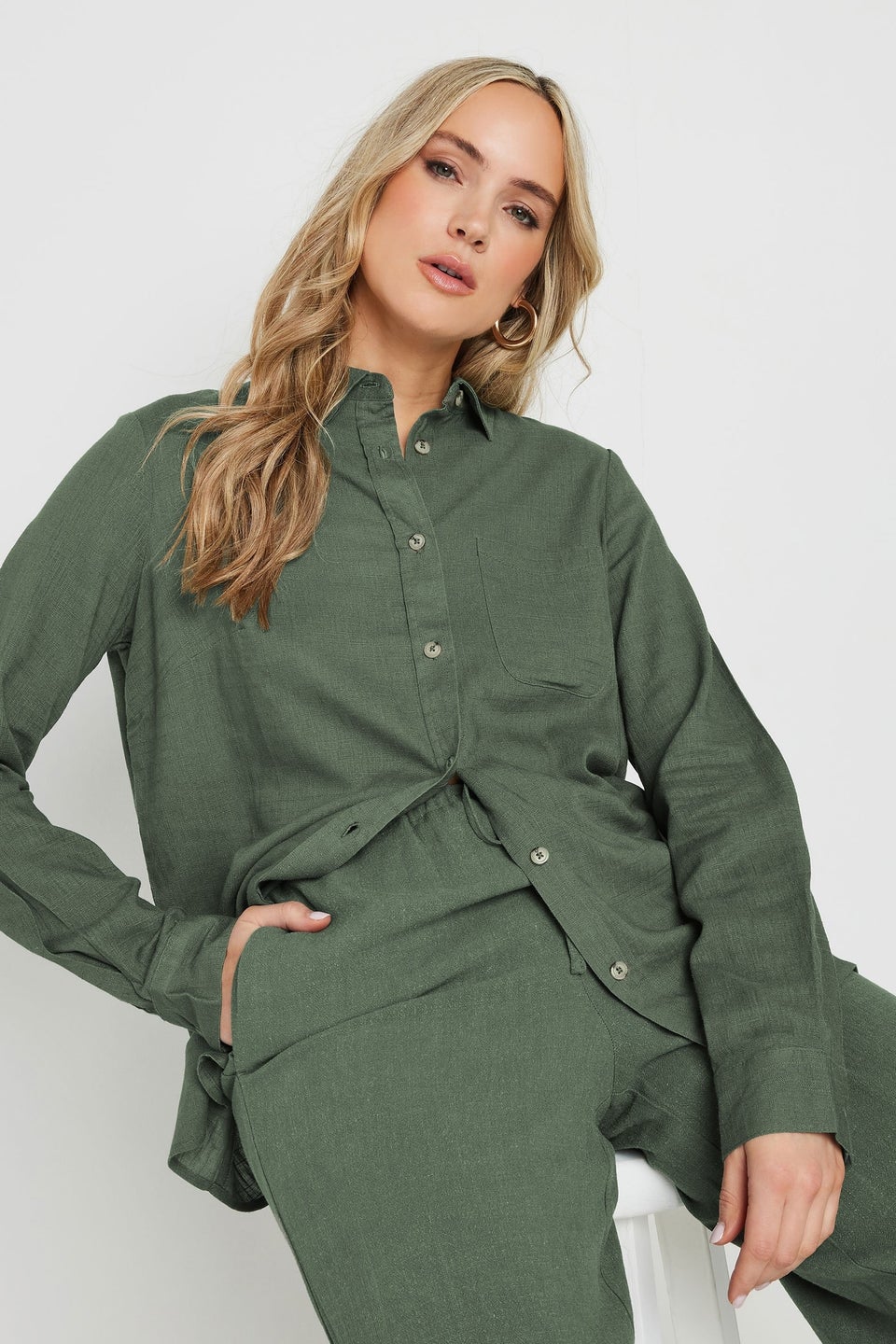 Long Tall Sally Khaki Green Linen Oversized Long Sleeve Shirt