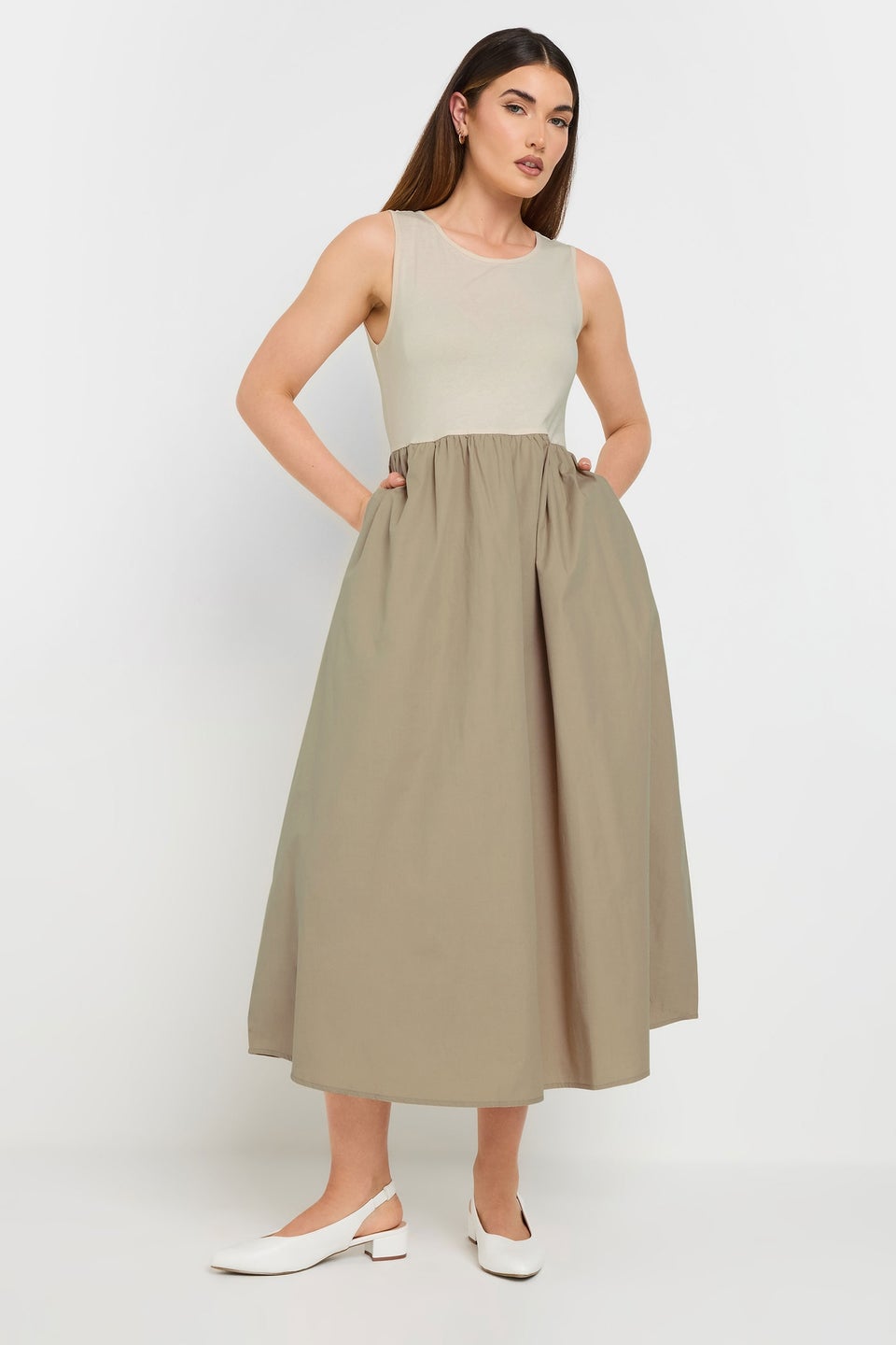 Long Tall Sally Beige Brown Jersey Woven Mix Fabric Midi Dress