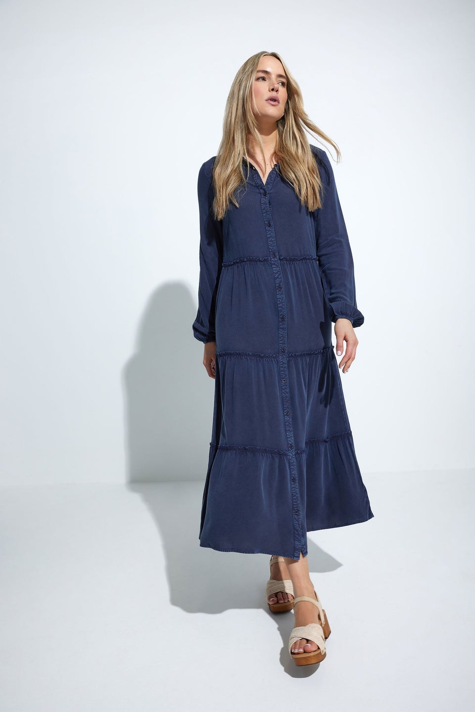 Long Tall Sally Navy Blue Acid Wash Tiered Dress