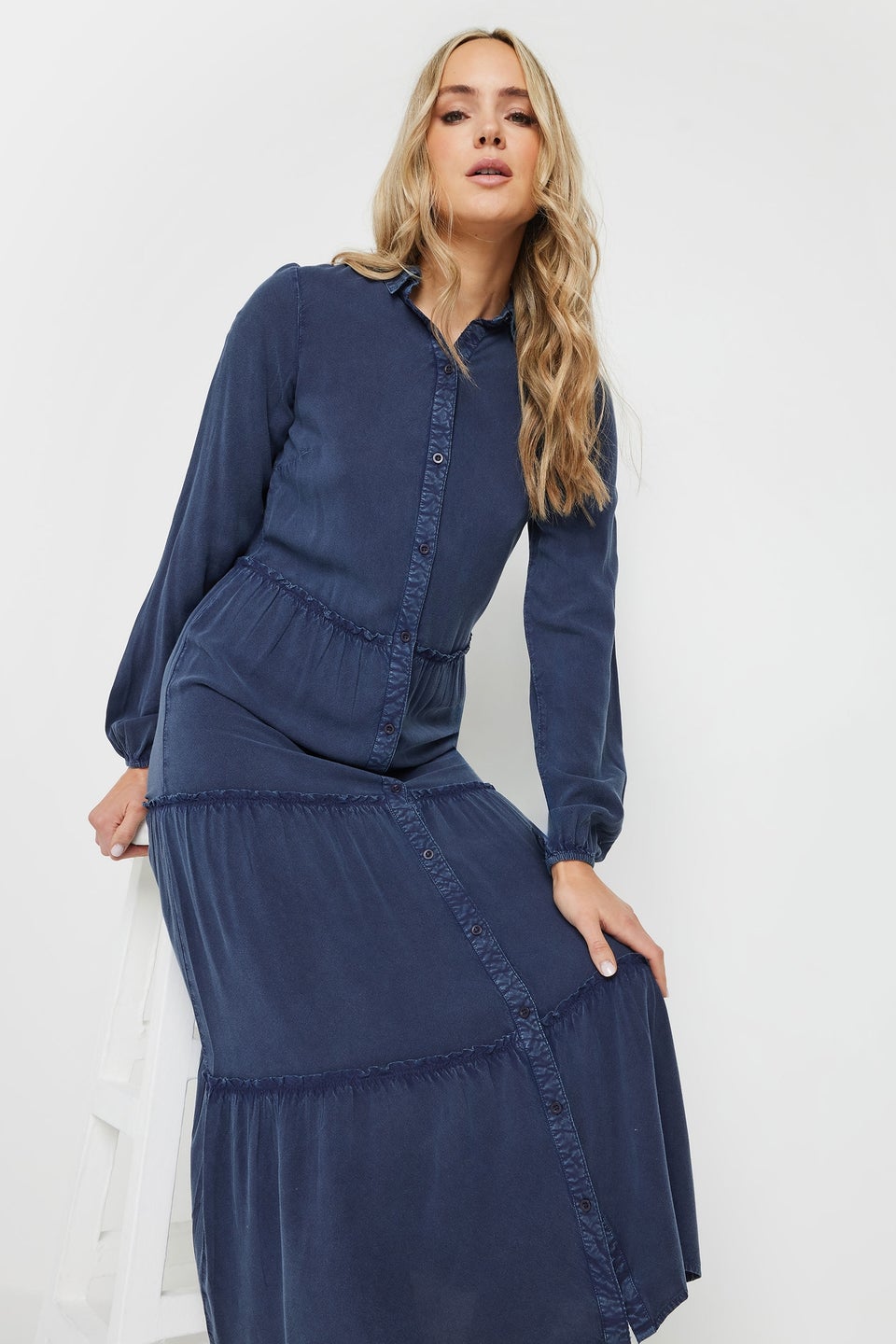 Long Tall Sally Navy Blue Acid Wash Tiered Dress