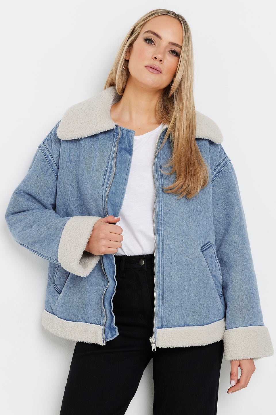 Long Tall Sally Light Blue Denim Borg Zip Jacket
