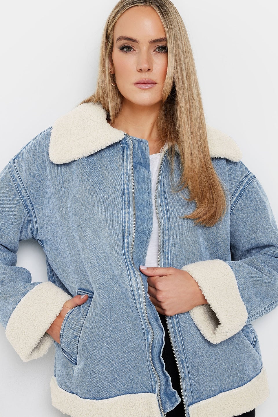 Long Tall Sally Light Blue Denim Borg Zip Jacket