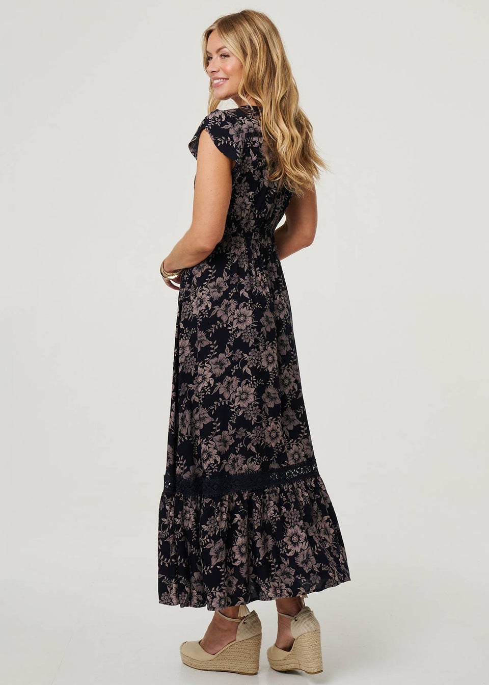 Izabel London Navy Floral Print Cap Sleeve Lace Maxi Dress