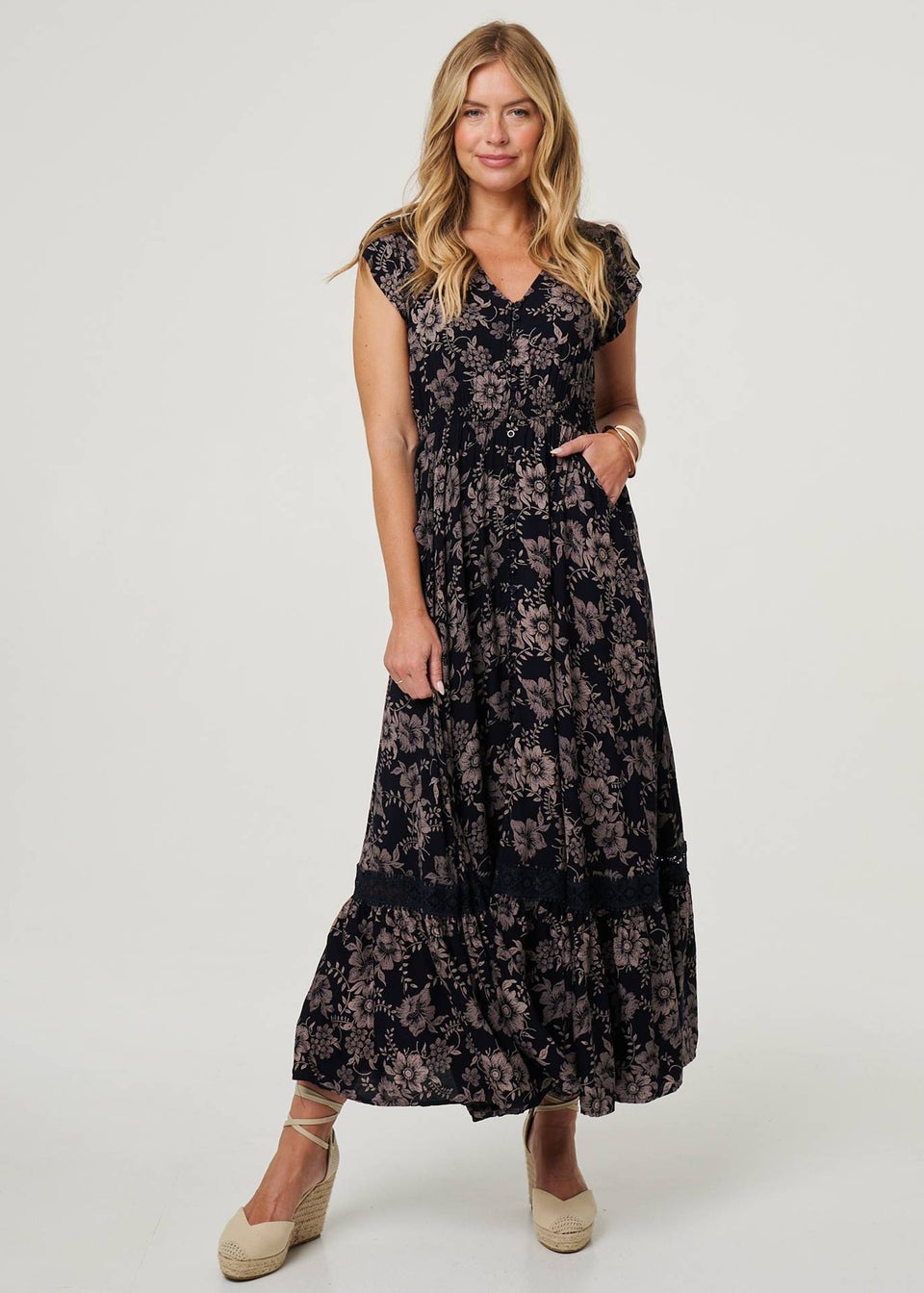 Izabel London Navy Floral Print Cap Sleeve Lace Maxi Dress