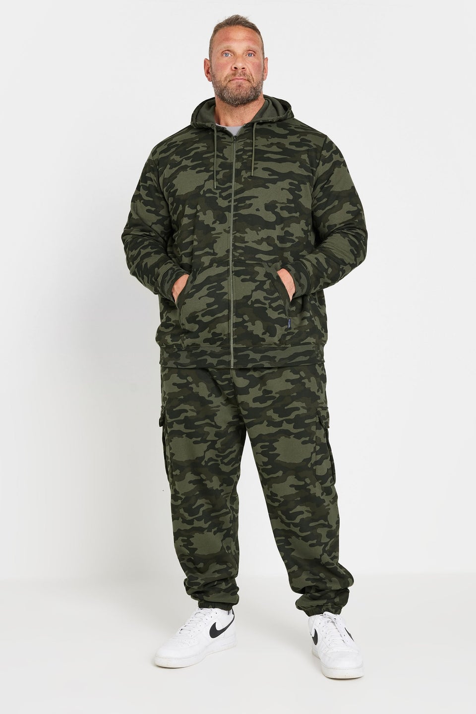 Badrhino Dark Green Camo Print Zip Through Hoodie