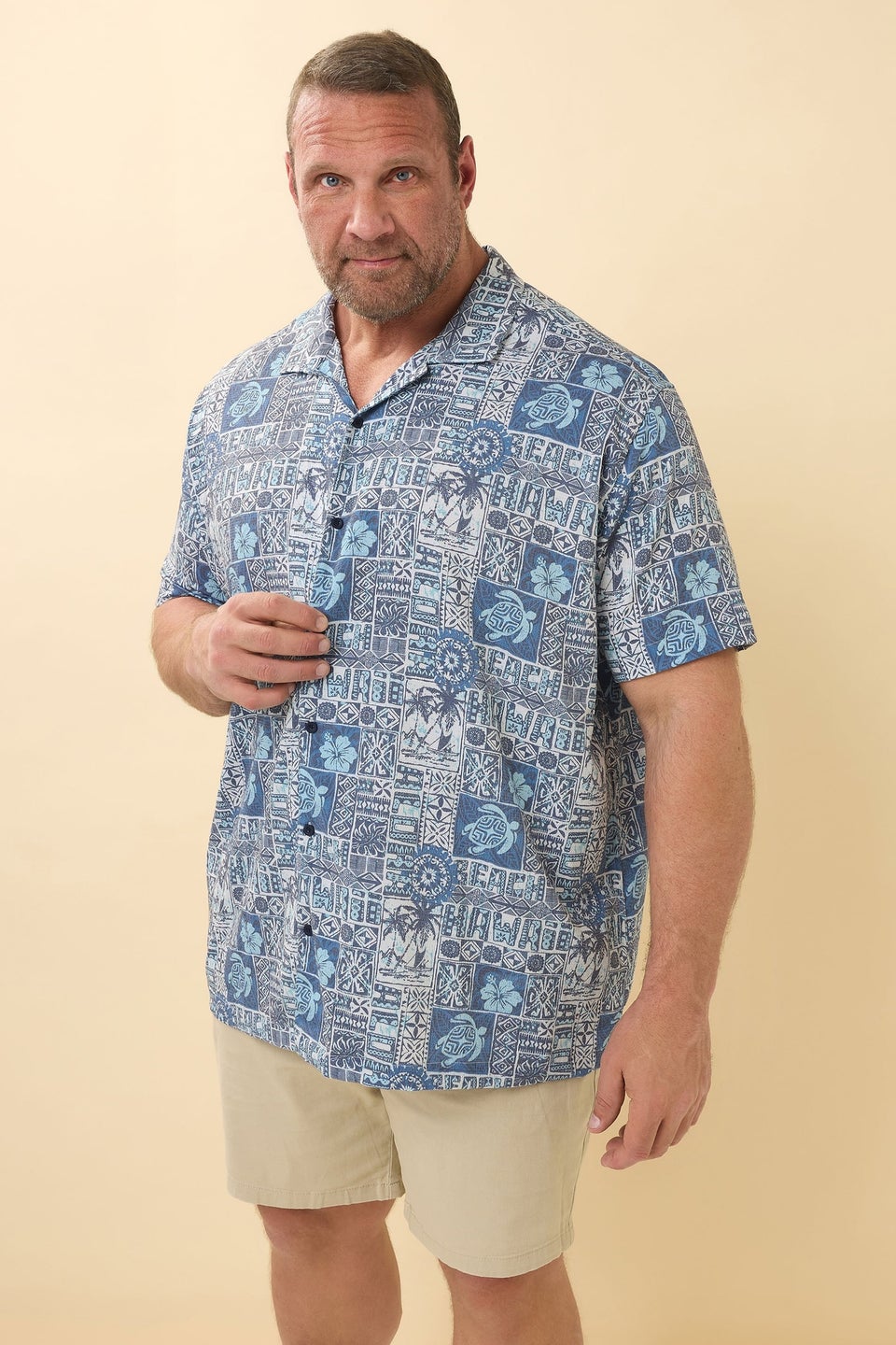 BadRhino Navy Blue Turtle Print Seersucker Revere Collar Shirt