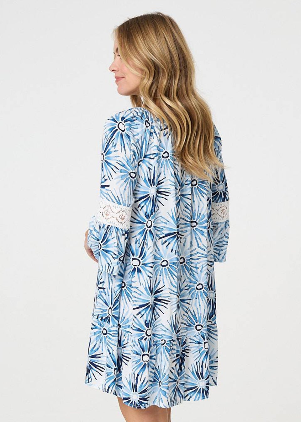 Izabel London Blue Floral Lace 3/4 Sleeve Short Shift Dress