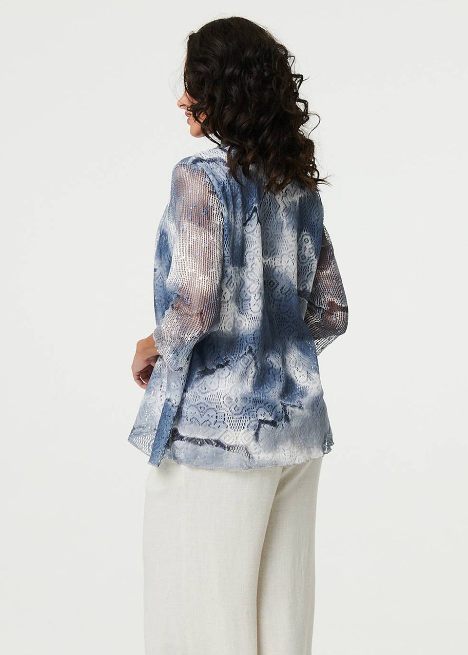 Izabel London Grey Tie Dye Semi Sheer Crochet Waterfall Top