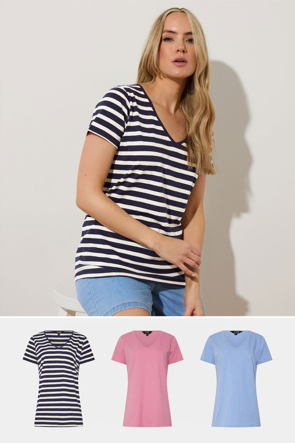 Long Tall Sally 3 Pack Blue & Pink Stripe V-Neck T-Shirts