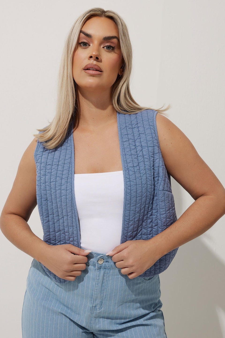 LIMITED COLLECTION Curve Blue Washed Quilted Waistcoat
