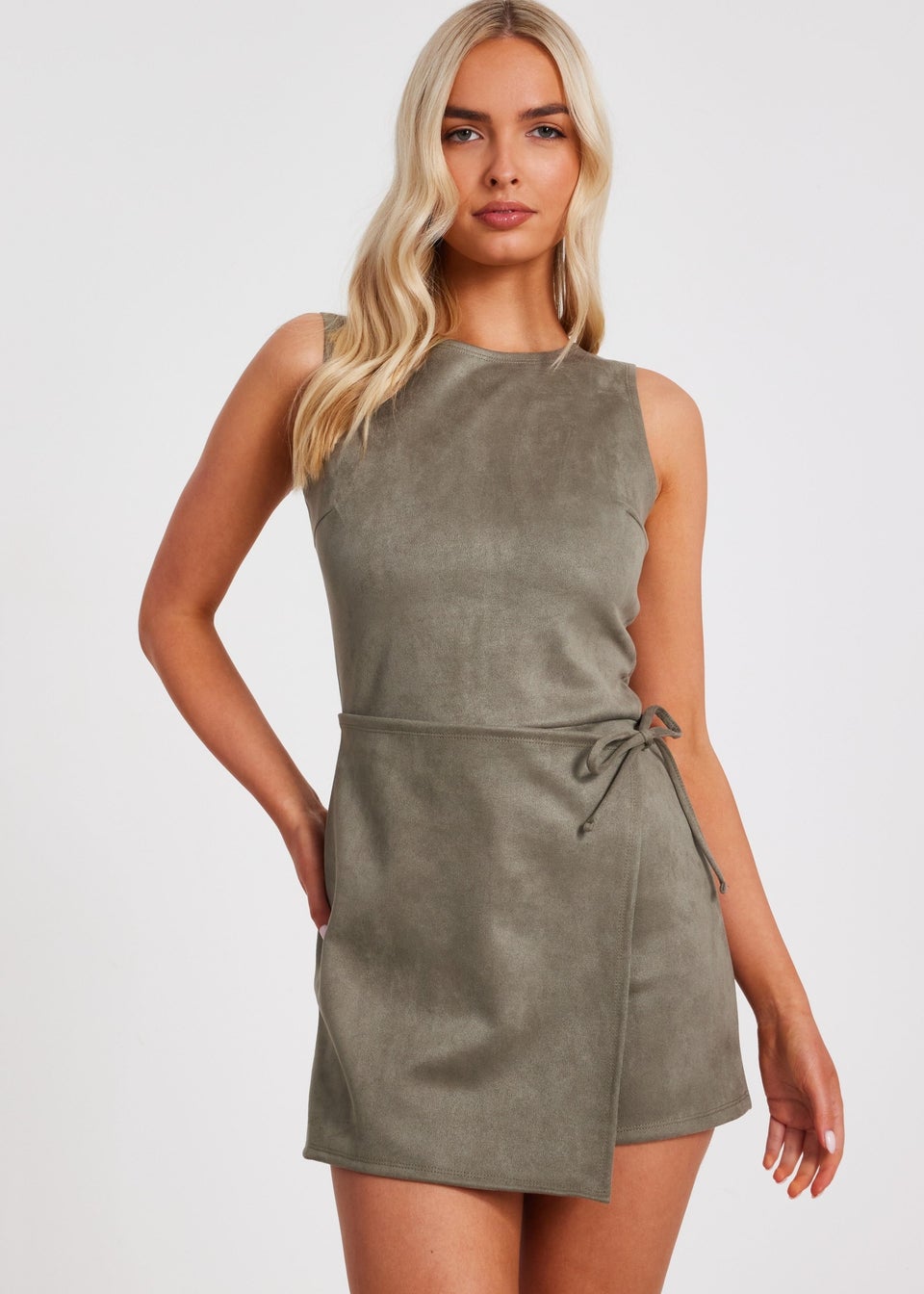 Quiz Khaki Faux Suede Playsuit