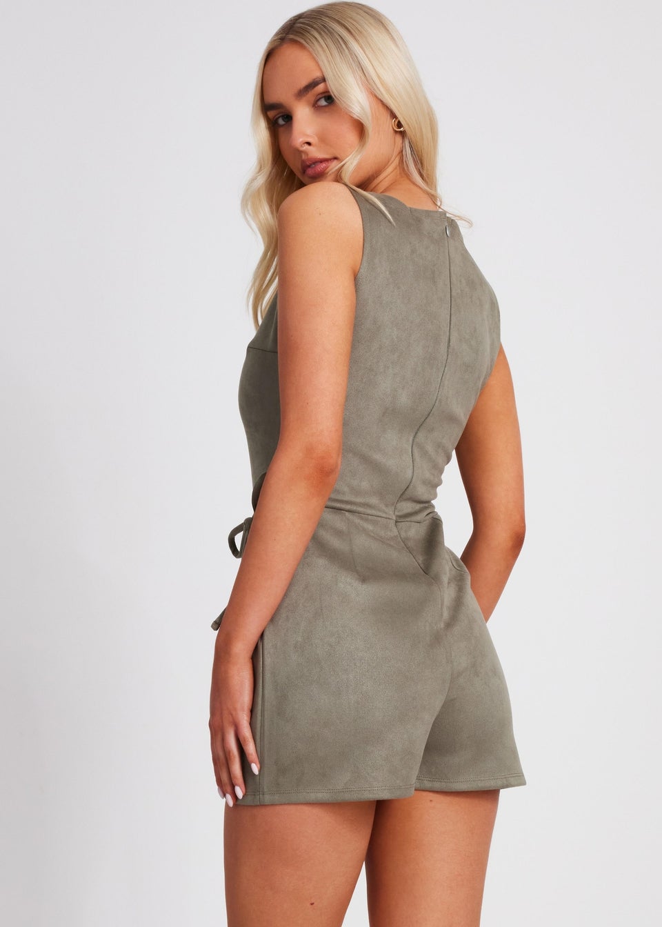 Quiz Khaki Faux Suede Playsuit
