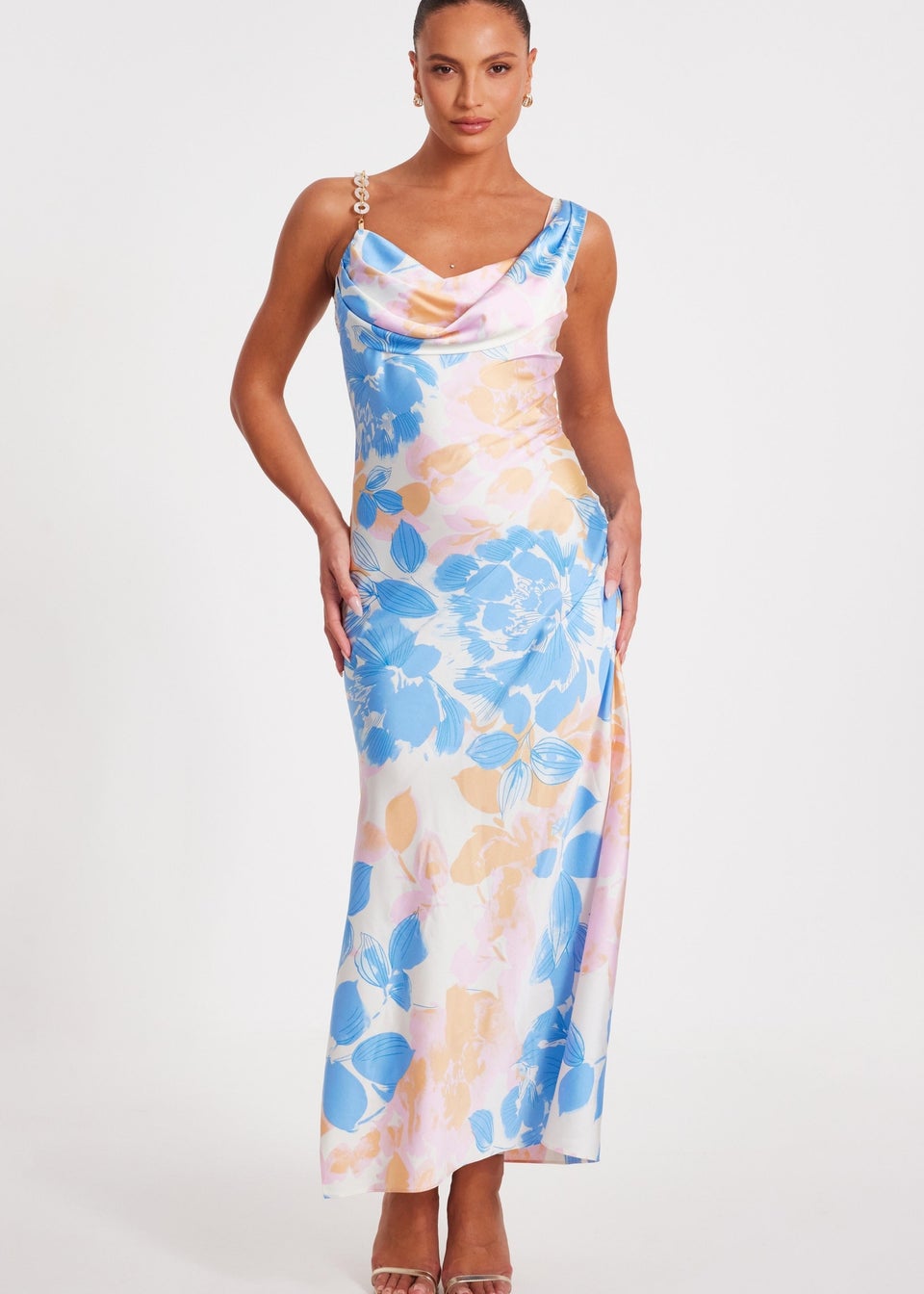 Quiz Blue Satin Floral Midaxi Dress