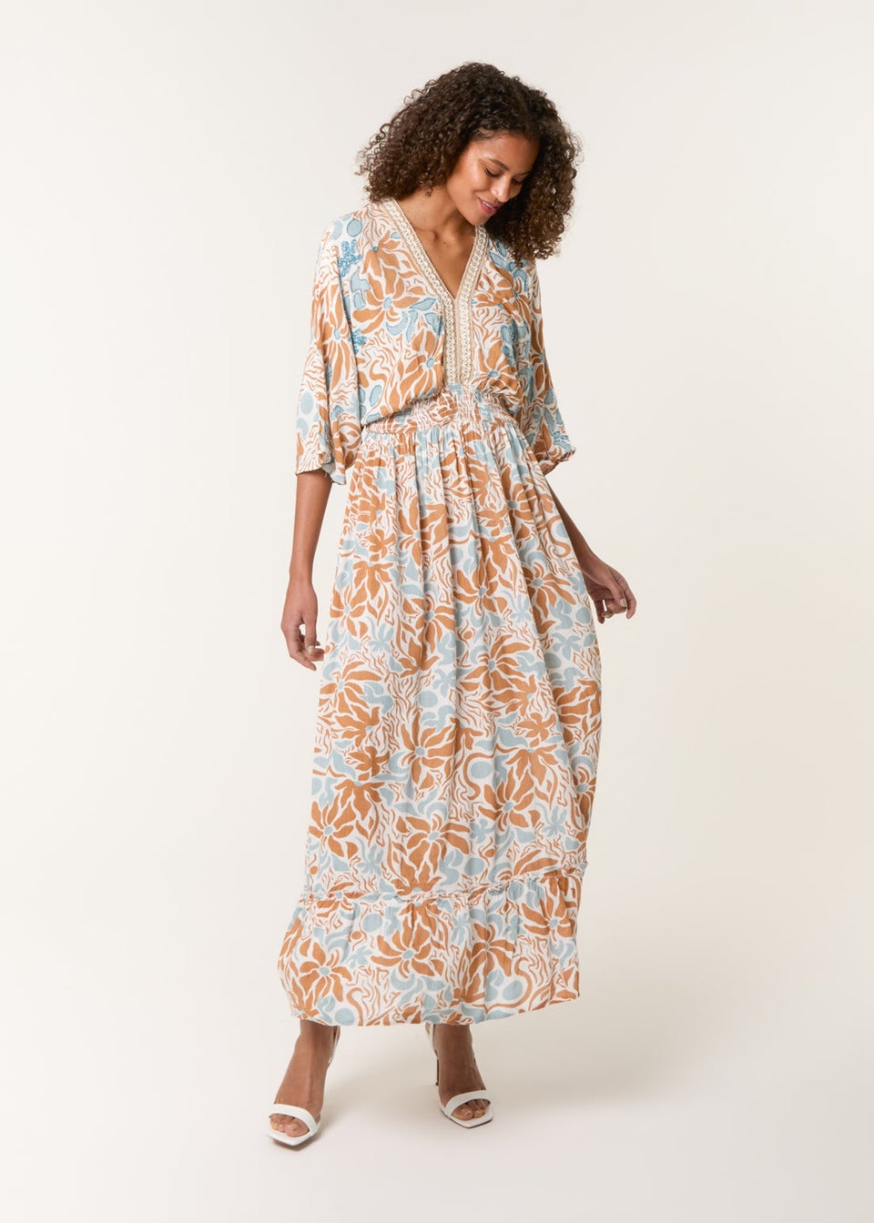 Blue Vanilla Beige Embellished V Front & Back Maxi Dress