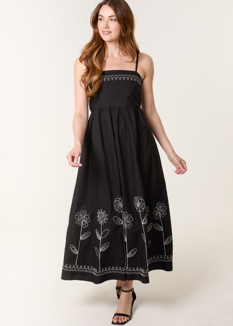Blue Vanilla Black Strappy Floral Embroidered Cotton Midi Dress