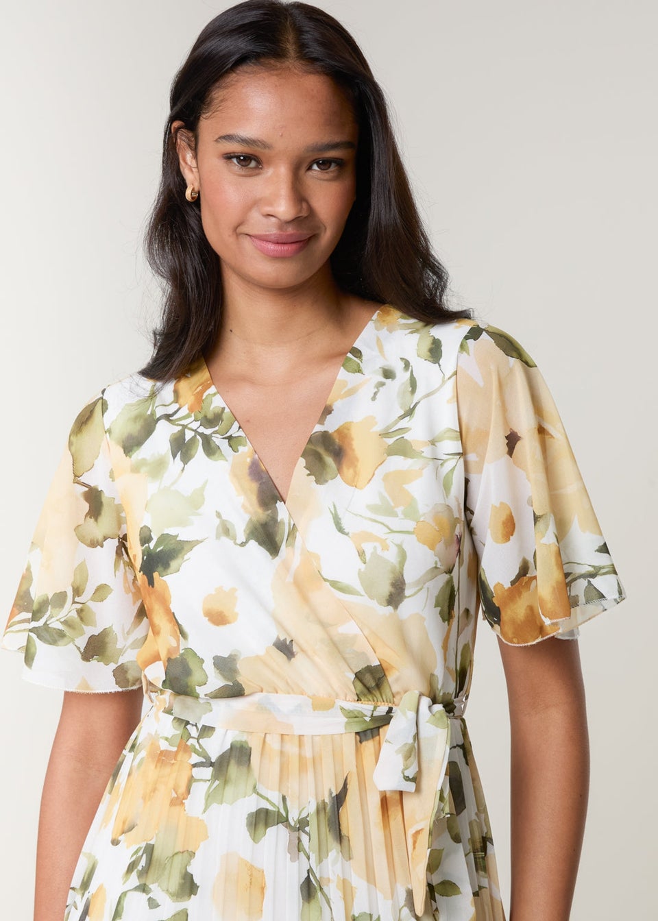 Blue Vanilla Yellow Short Sleeve Wrap Pleat Dress