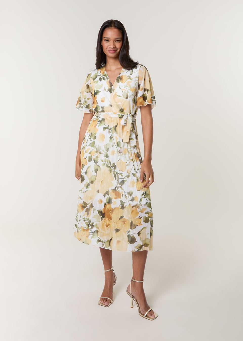 Blue Vanilla Yellow Short Sleeve Wrap Pleat Dress