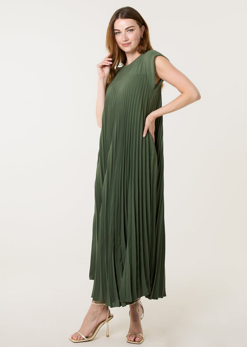 Blue Vanilla Khaki Pleated Plain Long Dress