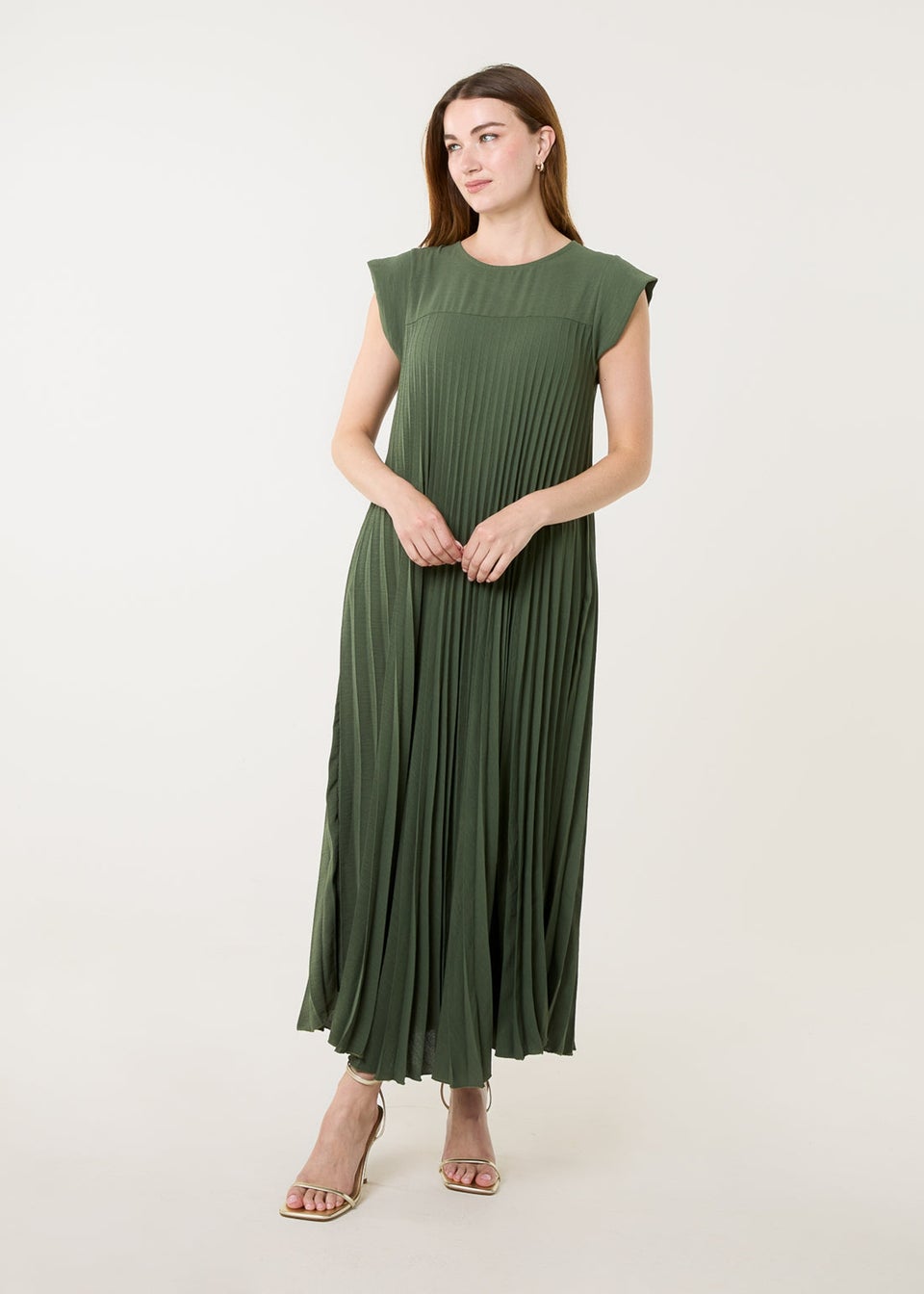 Blue Vanilla Khaki Pleated Plain Long Dress