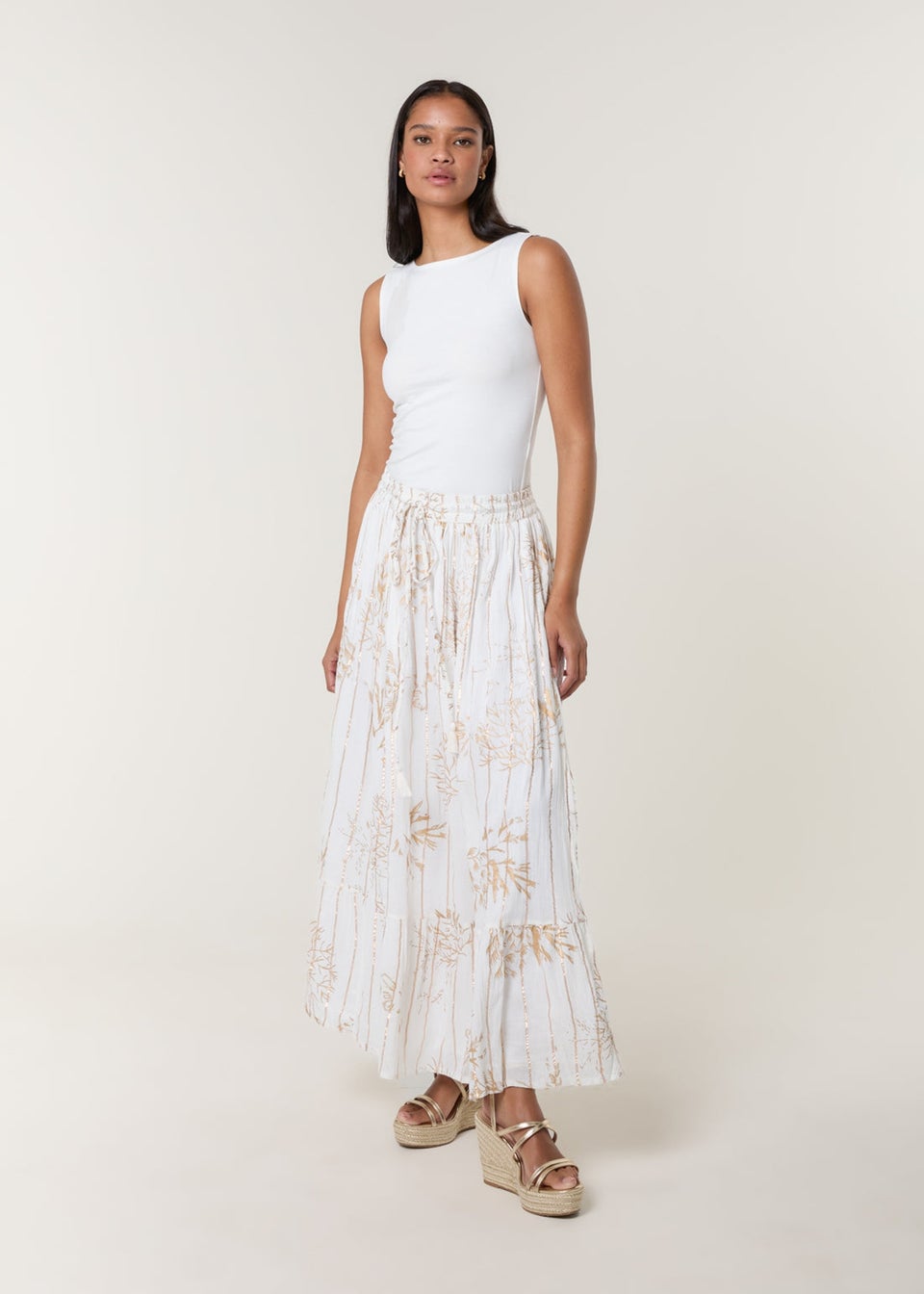 Blue Vanilla Ivory Gold Foil Print Peplum Hem Skirt
