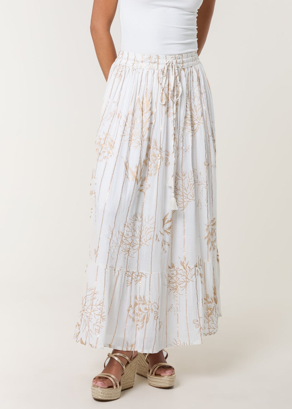 Blue Vanilla Ivory Gold Foil Print Peplum Hem Skirt