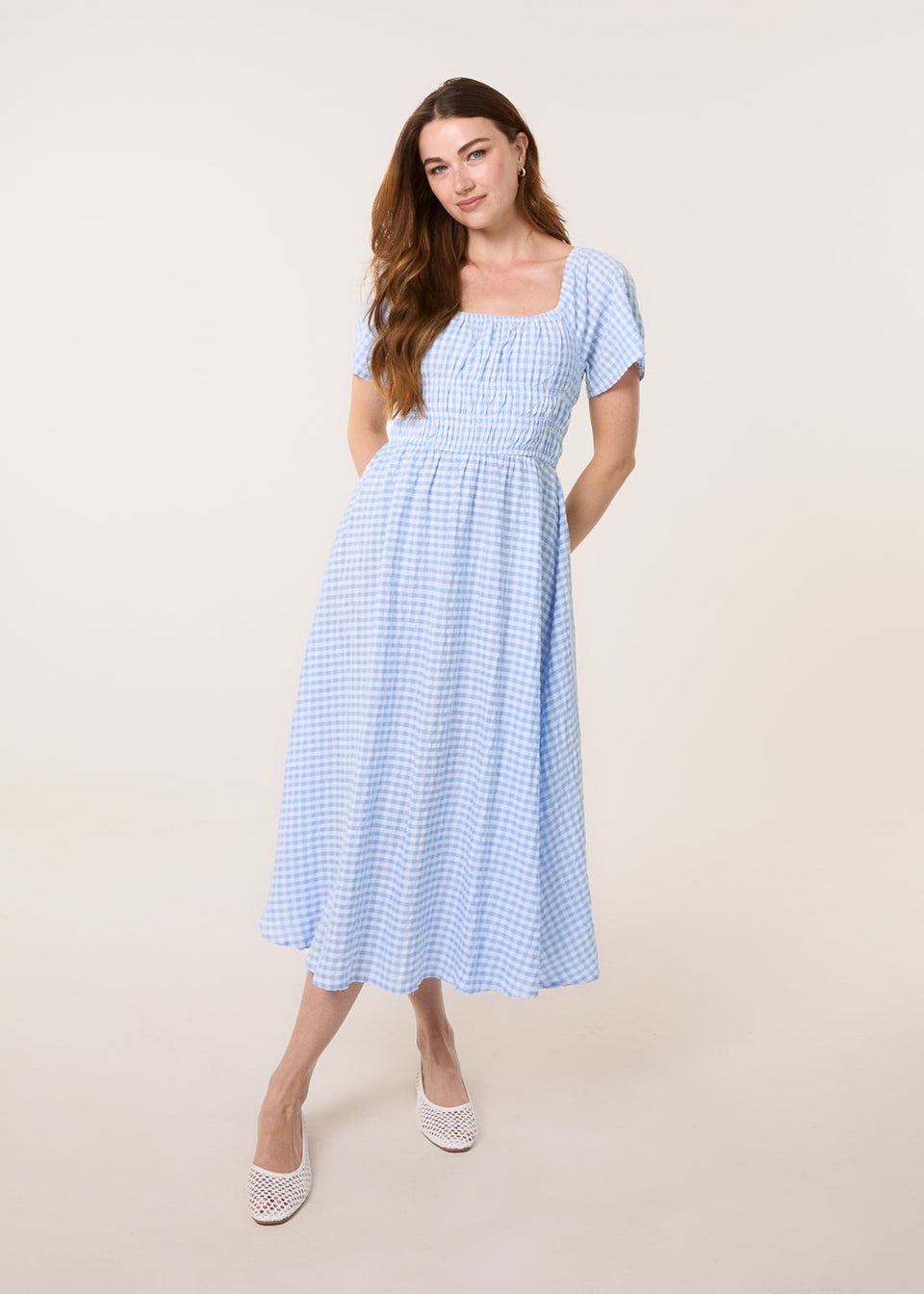 Blue Vanilla Blue Shirred Gingham Midi Dress