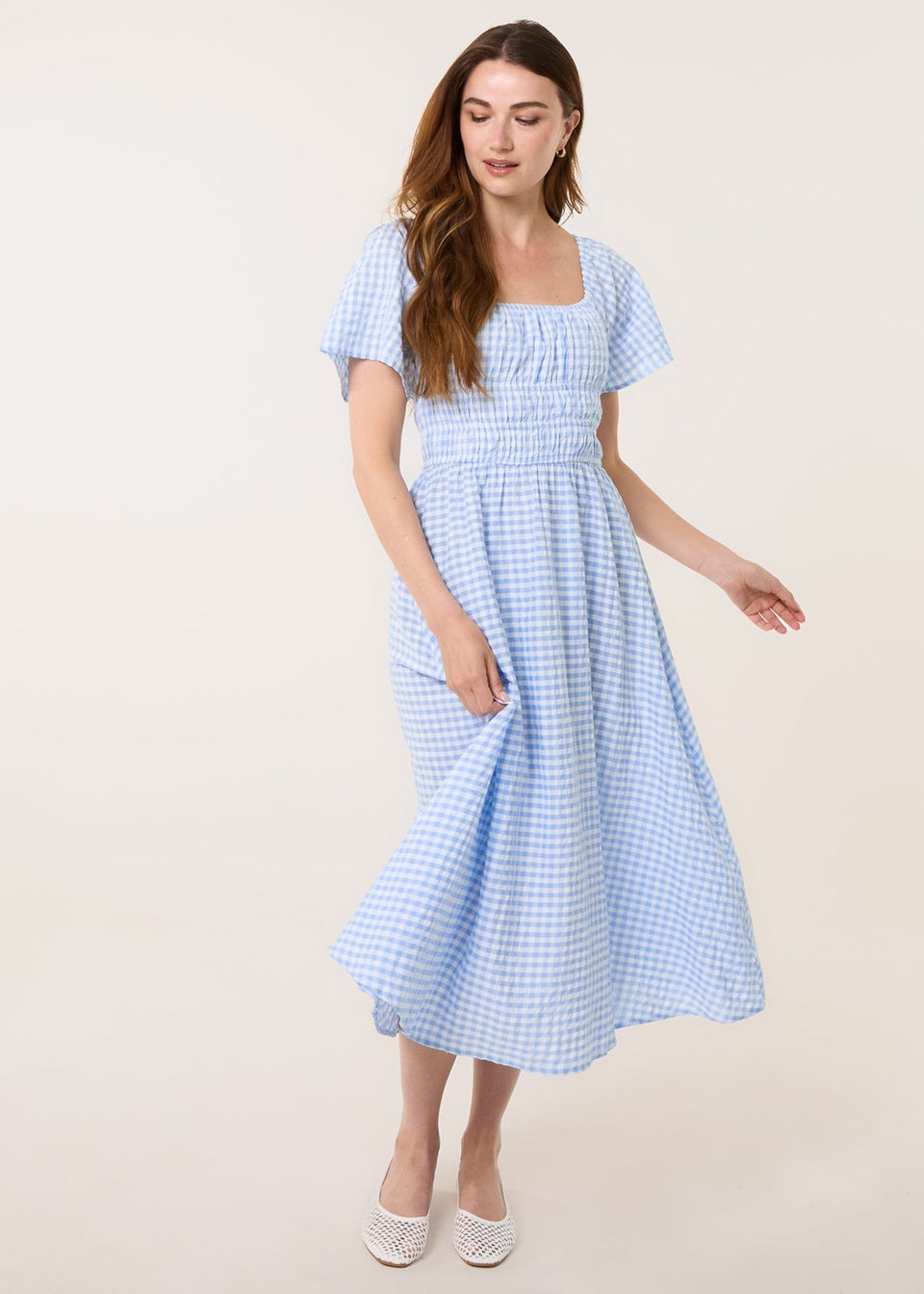 Blue Vanilla Blue Shirred Gingham Midi Dress
