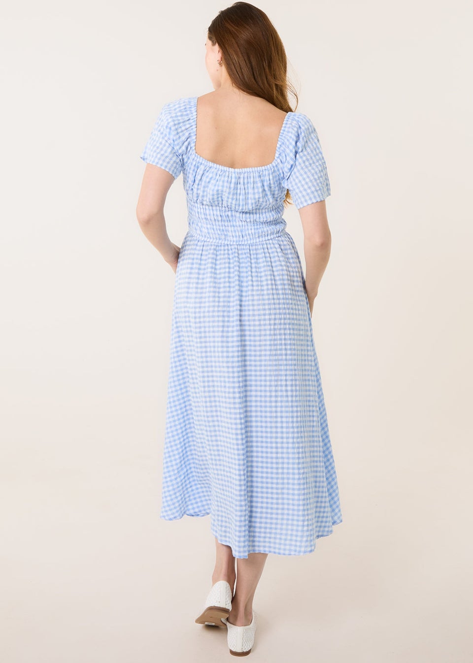 Blue Vanilla Blue Shirred Gingham Midi Dress