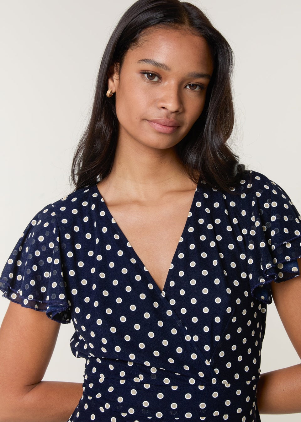 Blue Vanilla Navy Polka Dot Mesh Frill Sleeve Wrap Dress With Tie Waist