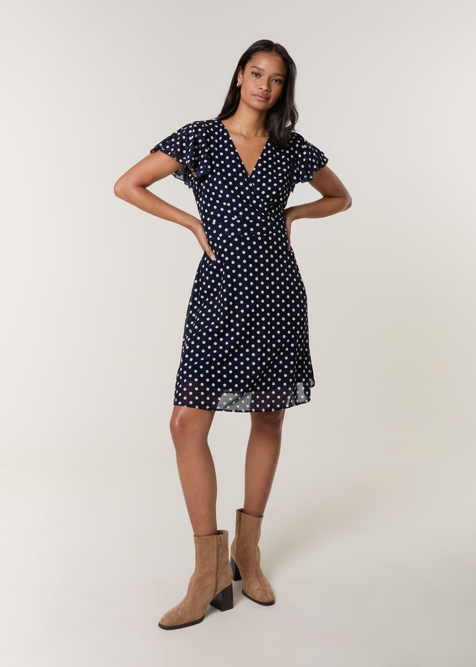 Blue Vanilla Navy Polka Dot Mesh Frill Sleeve Wrap Dress With Tie Waist