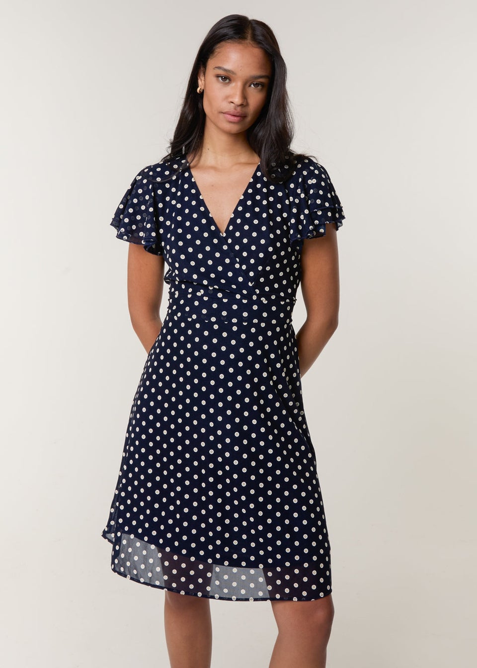 Blue Vanilla Navy Polka Dot Mesh Frill Sleeve Wrap Dress With Tie Waist