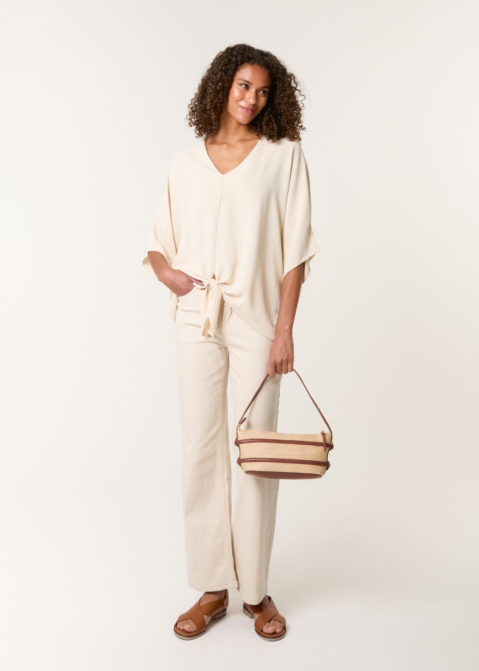 Blue Vanilla Beige Tie Knot Blouse