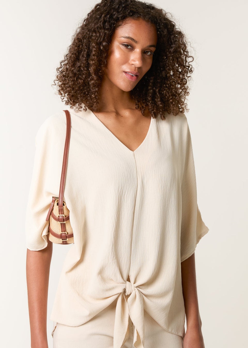 Blue Vanilla Beige Tie Knot Blouse