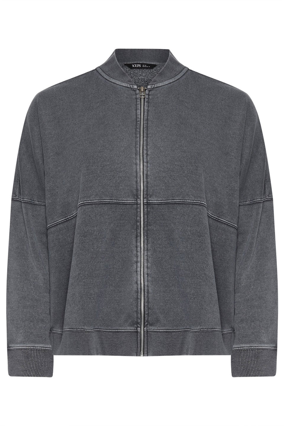 Yours Curve Grey Acid Wash Oversized Sweat Bomber Jacket