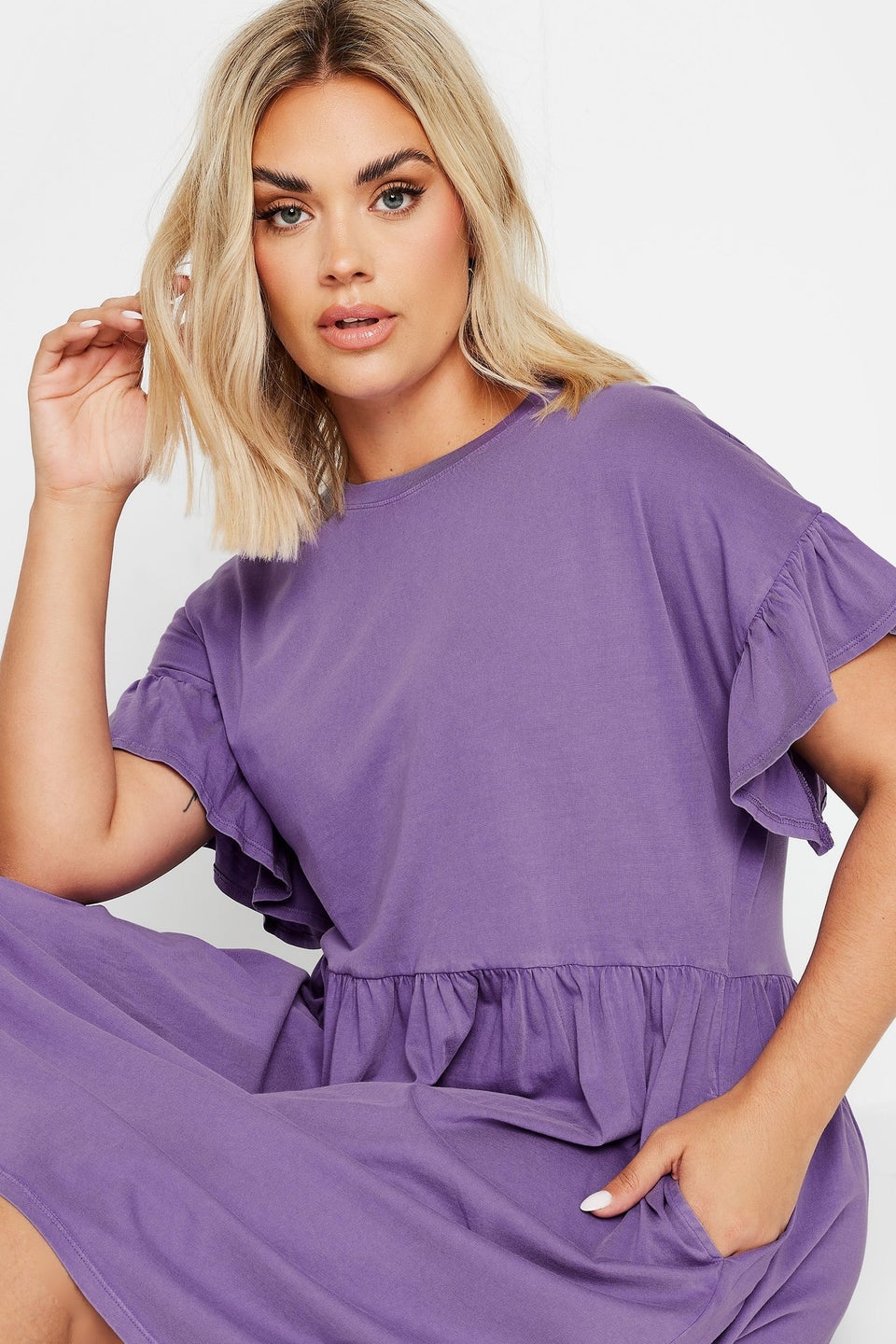 Yours Curve Purple Acid Wash Frill Sleeve Mini Dress