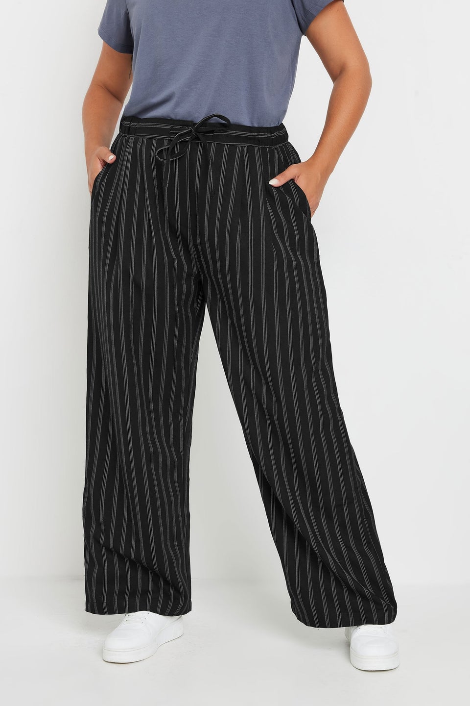Yours Curve Black Pinstripe Wide Leg Trousers