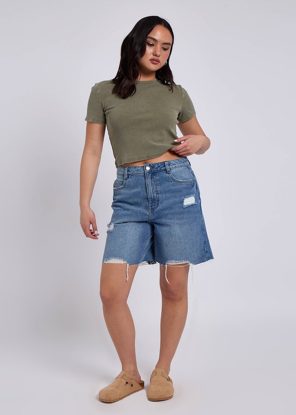Urban Bliss Mid Wash Distressed Bermuda Short
