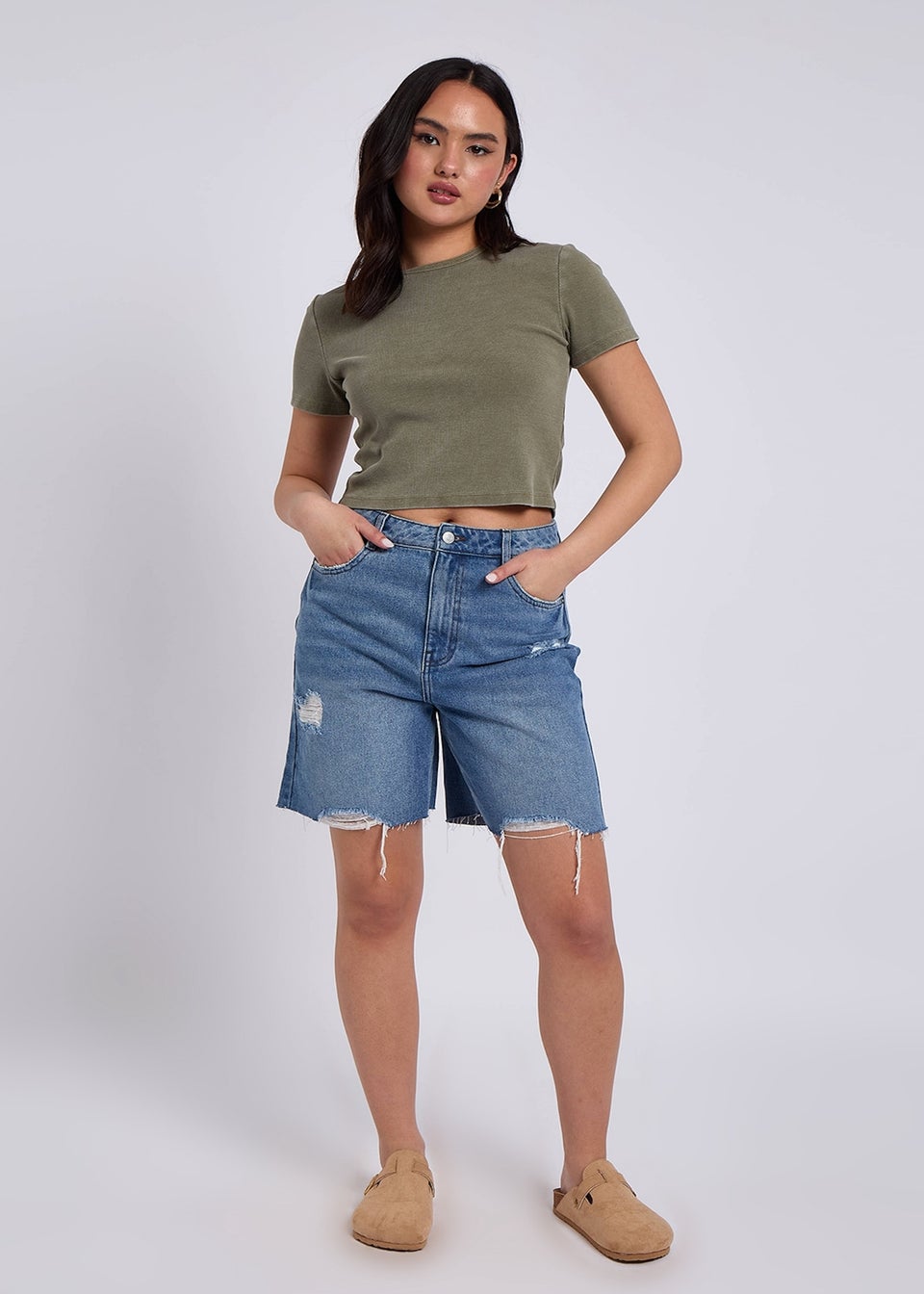 Urban Bliss Mid Wash Distressed Bermuda Short