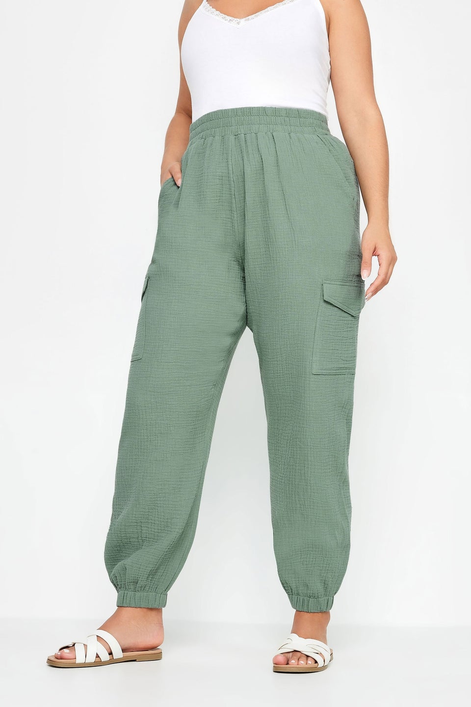 Yours Curve Sage Green Cheesecloth Cuffed Joggers