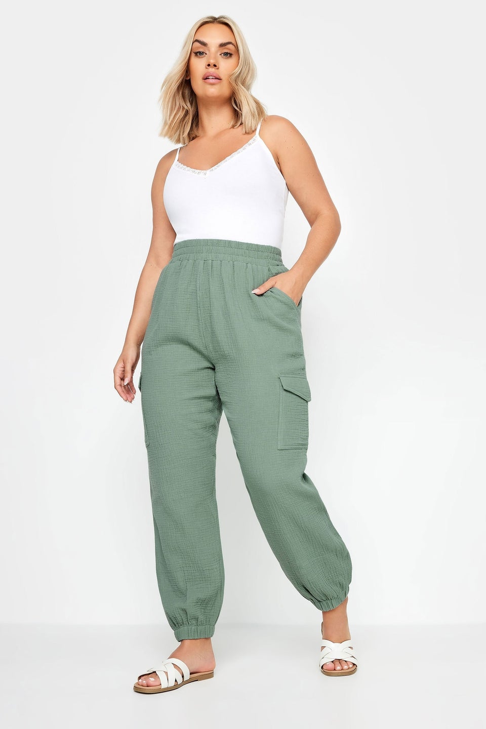 Yours Curve Sage Green Cheesecloth Cuffed Joggers