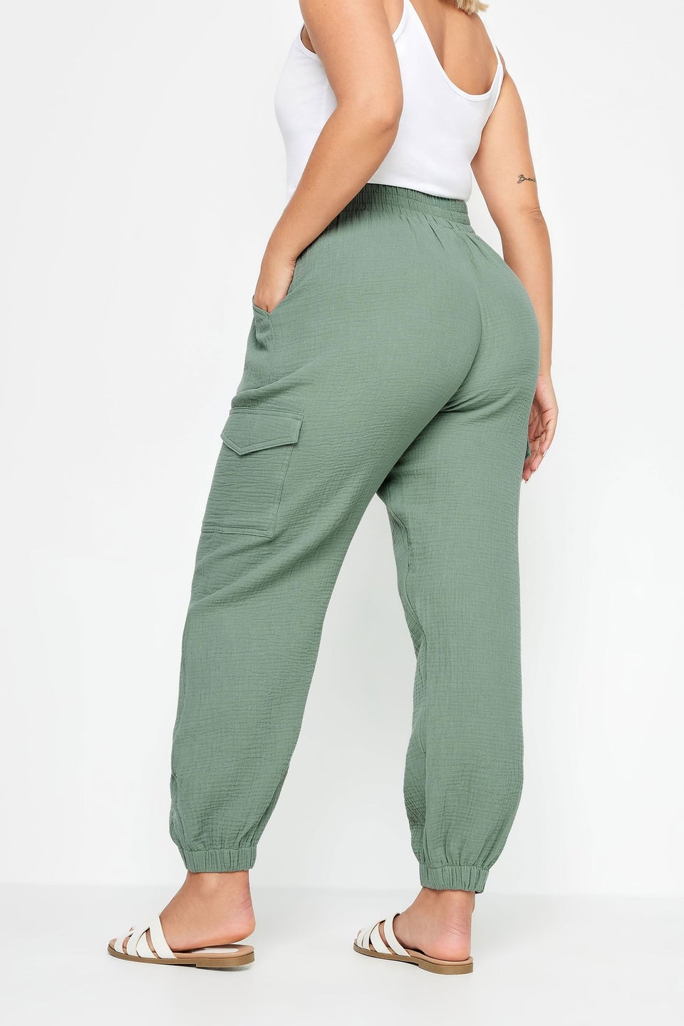 Yours Curve Sage Green Cheesecloth Cuffed Joggers