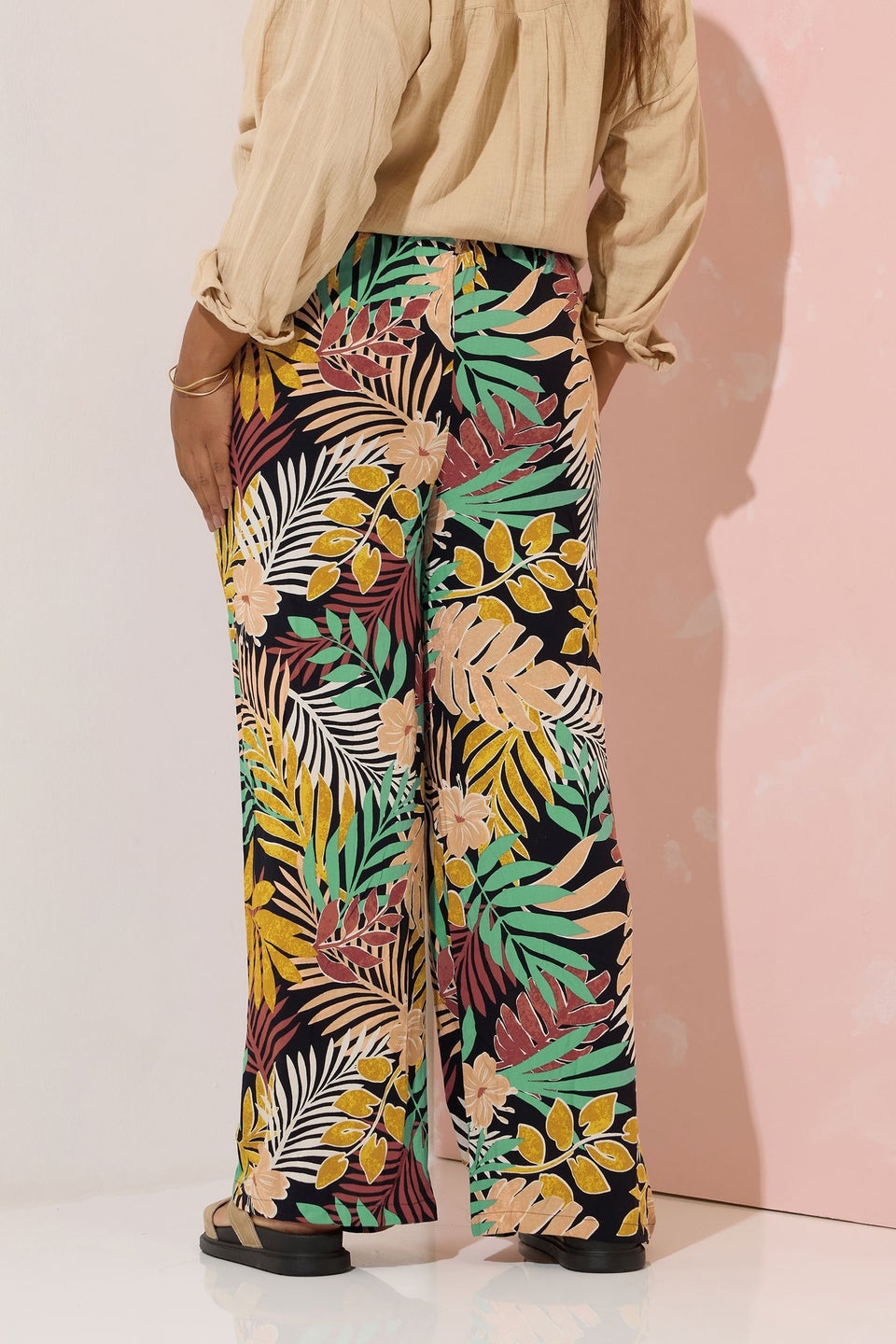 Yours Curve Black Tropical Print Wide Leg Trousers