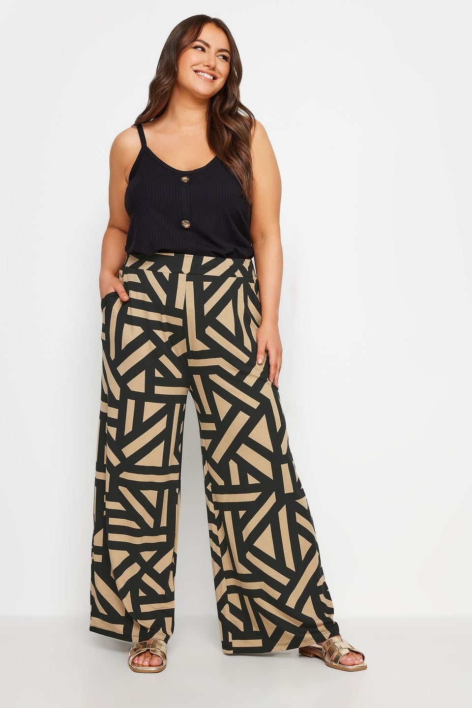 Yours Curve Beige Brown Geometric Print Wide Leg Trousers