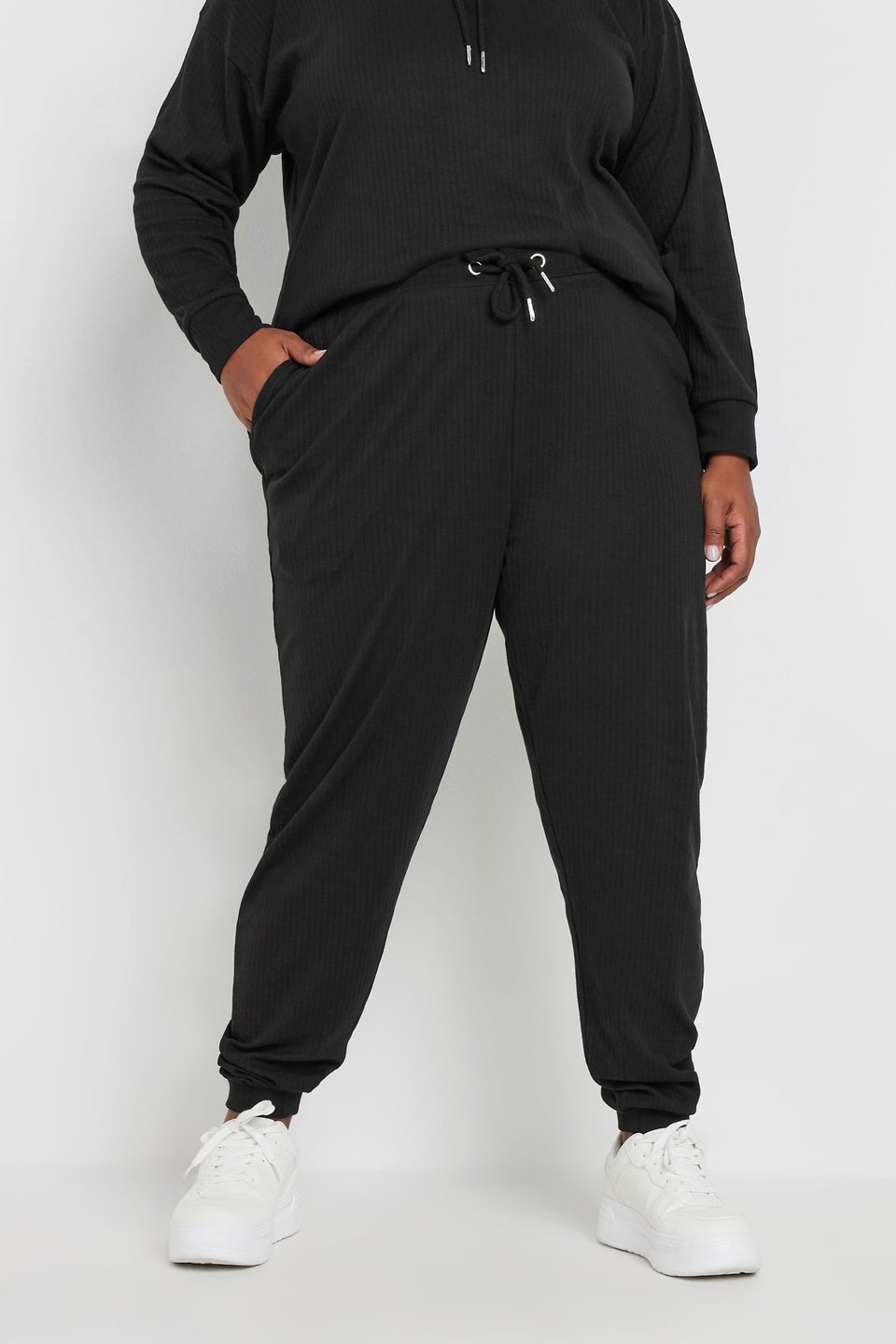 Yours Curve Black Ribbed Joggers