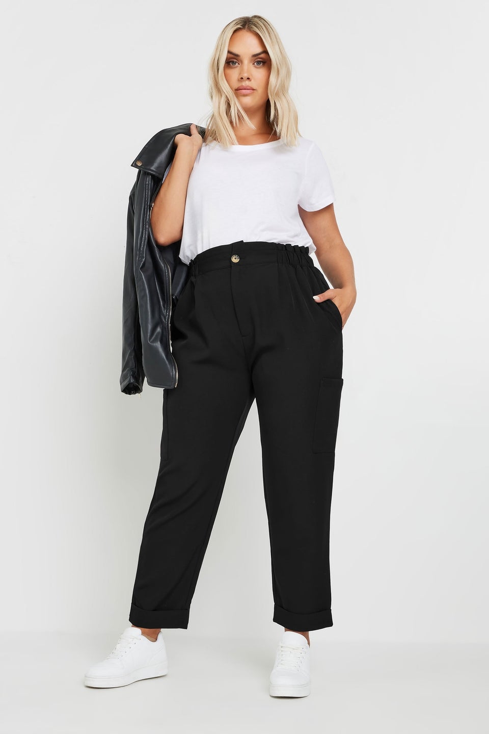 Yours Curve Black Paperbag Waist Cargo Trousers
