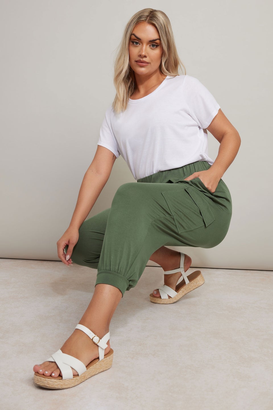 Yours Curve Khaki Green Cropped Cargo Harem Trousers