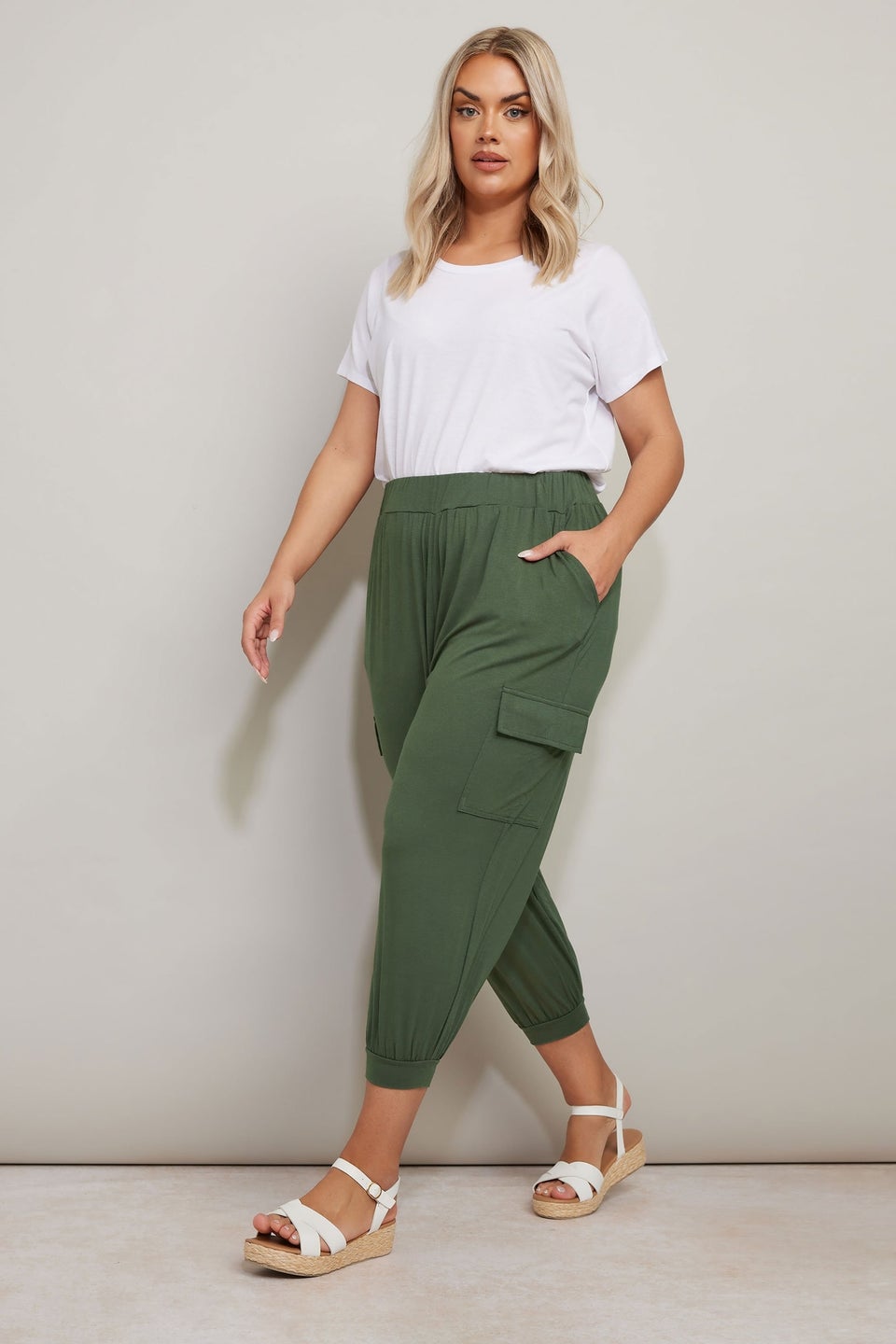 Yours Curve Khaki Green Cropped Cargo Harem Trousers