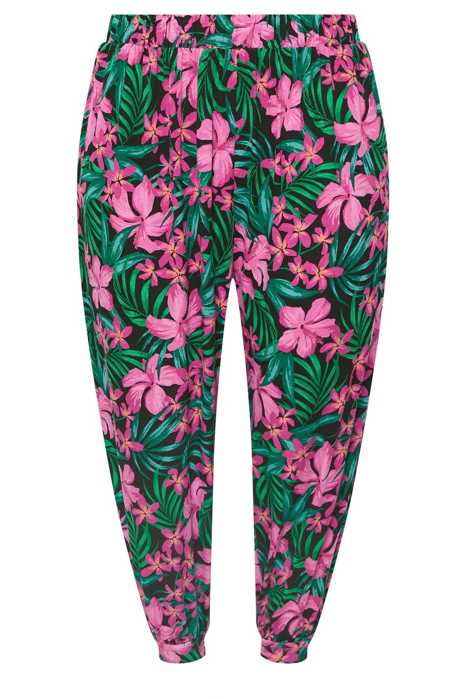 Yours Curve Black Tropical Floral Print Cropped Harem Trousers